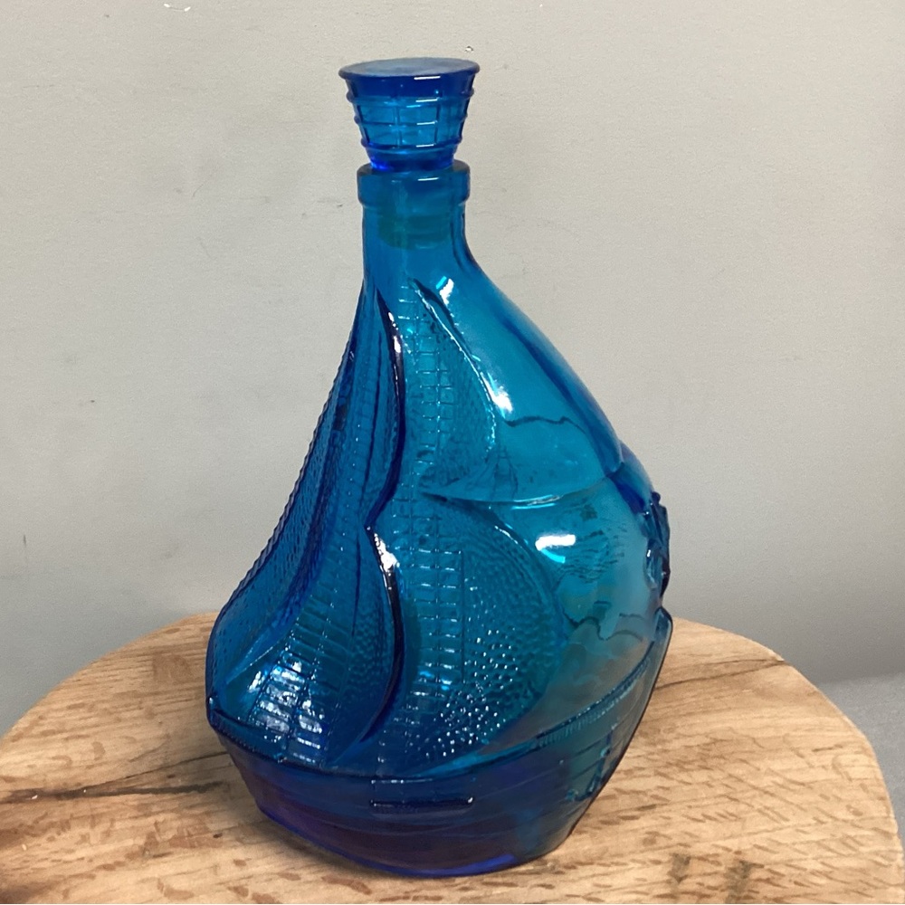 🔵 Vintage - Blue Sailing Ship Liquor Decanter Bottle - Glass Top Stopper